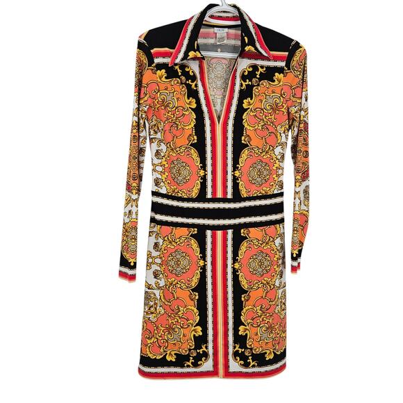 Cache Dresses & Skirts - Cache Sheath Dress Orange Yellow stretch Brocade Long Sleeve Art Deco Size S